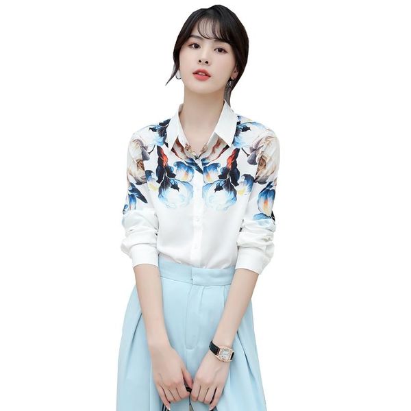 

fashion women turn-down collar flower print full sleeve shirts career elegant office lady work women's blouses &, White