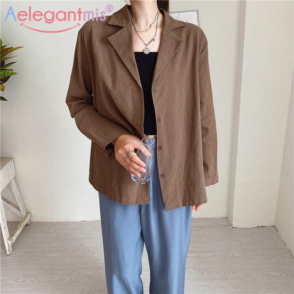 Aelegantmis Lino Sottile Sottile Donna Monopetto Giacca Vintage Blazer Primavera Coreana Elegante Office Lady Semplice Femminile 210607