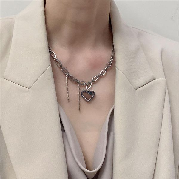 

chains origin summer hiphop love heart metal pendant necklace for women girls mix chunky curb chain asymmetric jewelry, Silver