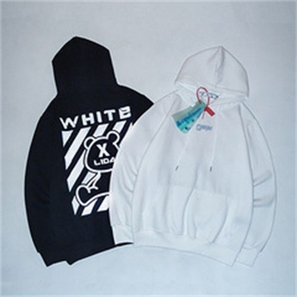 

white tide new off reflective bear loose casual men's and women's hooded sweater with pile batch, Black