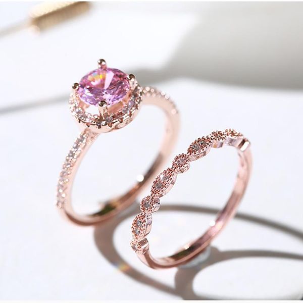 

wedding rings 2 in 1 trendy round pink zircon ring gemstone charm finger set for women engagement accessories m4, Slivery;golden