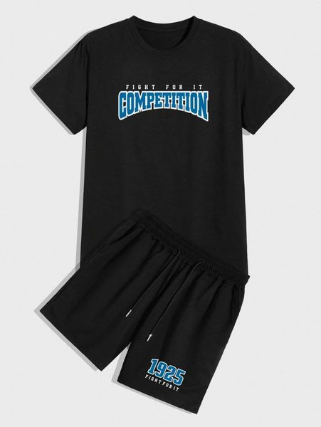 

extended sizes men slogan graphic tee & drawstring waist shorts o8qd#, Gray