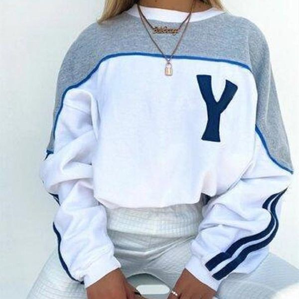 

grey long sleeve patchwork casual print pullover sweatshirt oversized crewneck winter clothes women aesthetic women's hoodies & sweatsh, Black