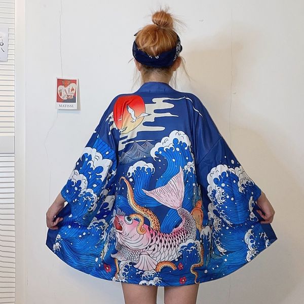 

yukata women kimono cardigan japan kimonos asia clothes summer fish print shirt casual haori kawaii kimono costume 10489, Red