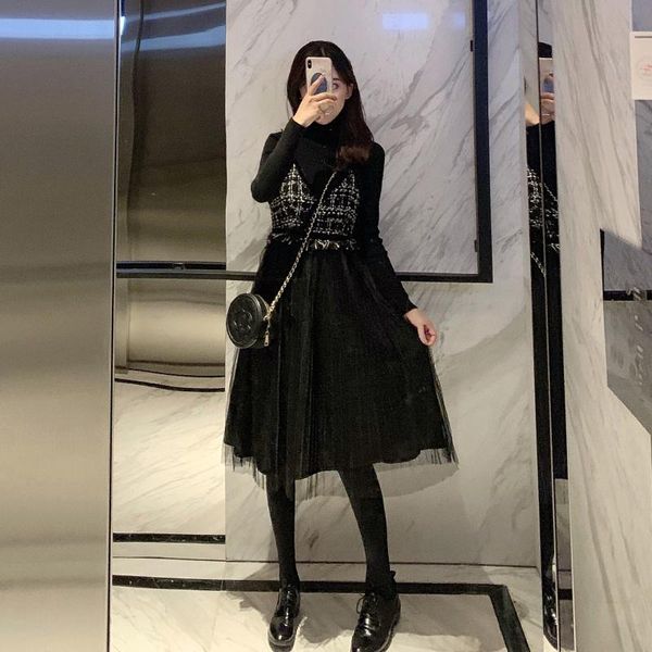 

casual dresses autumn western style youthful-looking socialite lightly mature sweater suit women's small height xuan ya slimming dress, Black;gray