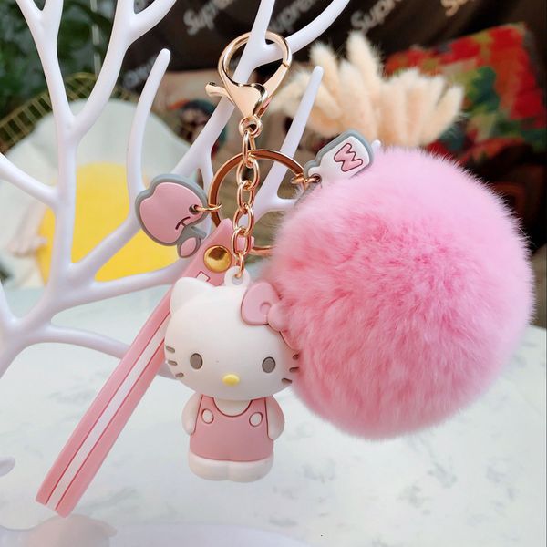 

cartoon penguin frog rabbit keychains with fluffy rabbit fur ball key chain women girls bag pendant car keyring charm gifts, Silver