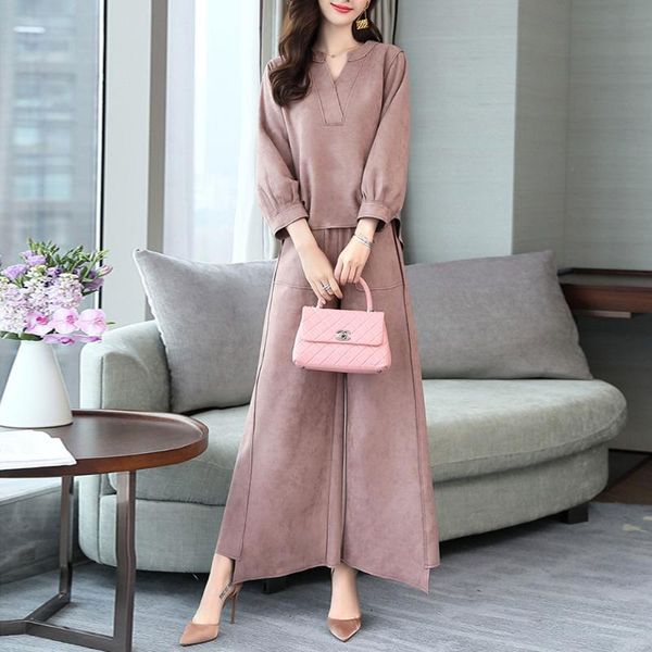 

two piece dress women sets autumn korean elegant pink t-shirt and wide legs long pants office ladies causal 2 suits, White