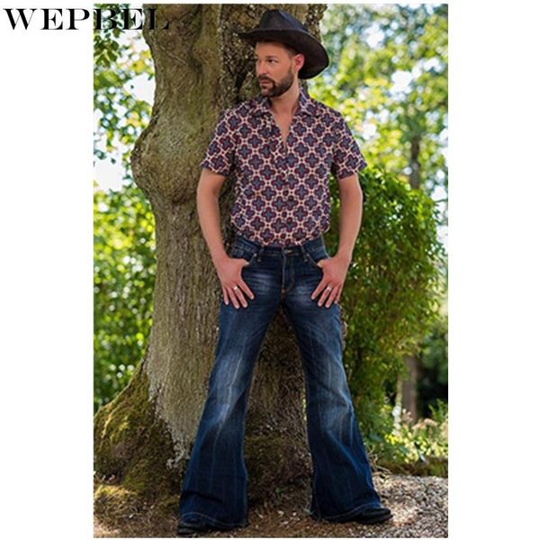 

men's jeans wepbel men vintage stretch male fashion punk style retro distressed wide leg trousers flare denim pants, Blue