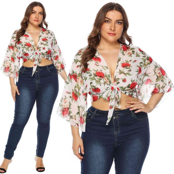 

women's plus size large rose print flared sleeve chiffon cardigan knot jaet