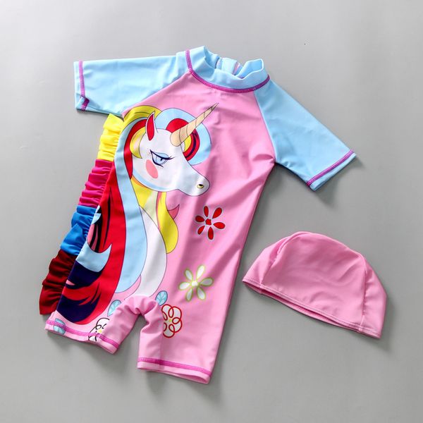 

children' swimsuit girl' one piece flat angle sunscreen baby' cartoon little pegasus sleeve beach resort swimsuit, Red;black