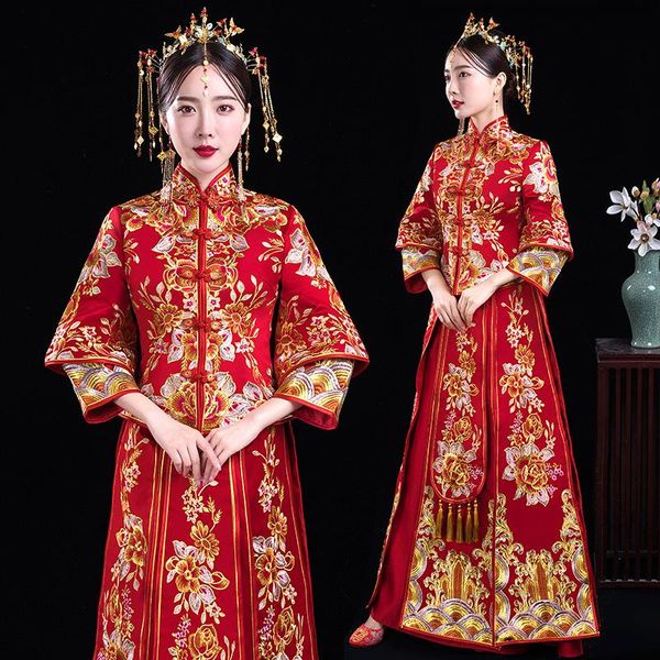 

chinese women flower embroidery cheongsam wedding dress vintage slim classic toast qipao suit noble marriage gift ethnic clothing, Red