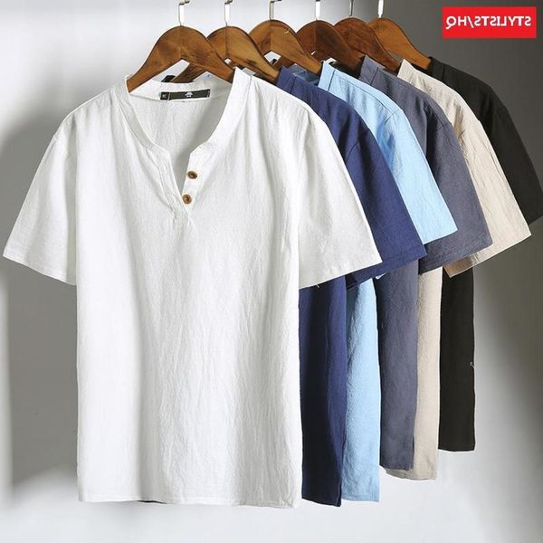 

men's shirt summer linen short large cotton hemp half sleeve men's t-shirt, White;black