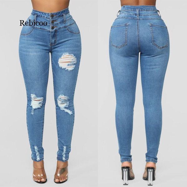 

women's jeans destroyed hole high waist women elastic skinny denim pencil casual blue full length pants
