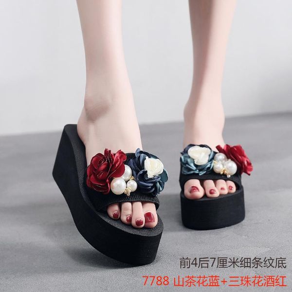 

sandal women wear fashion high heel thick sole anti slip flower slope beach shoes slippers in summer, Black