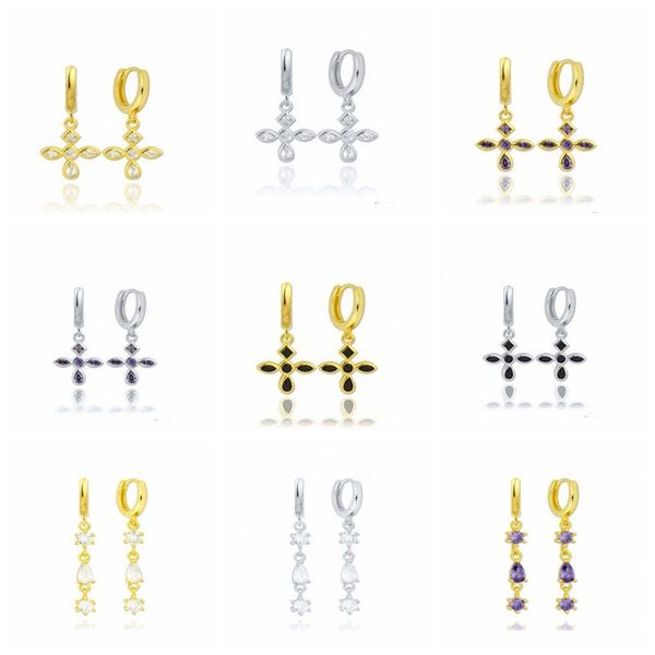 

hoop & huggie boako 925 sterling silver earrings for women 2021 pendientes plata black purple cz cross earing jewelry gift brincos, Golden;silver
