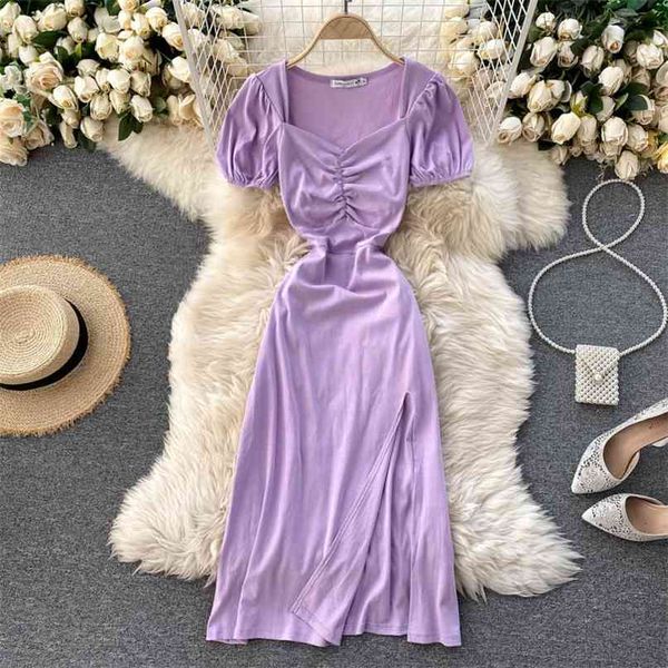 

lady fashion square collar short sleeve fork dress women solid color elegant vintage harajuku clothes high waist vestidos p946 210527, Black;gray