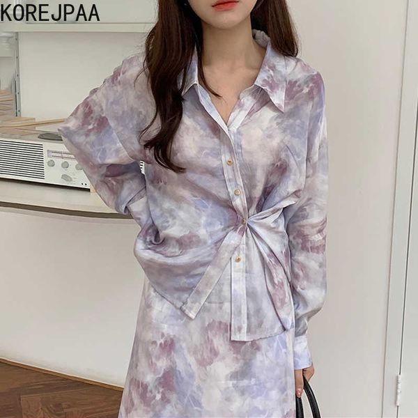 

korejpaa women dress sets korea ins retro ink dye side button sun protection shirt and high-waisted fork skirt two-piece 210526, White