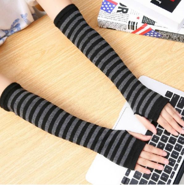 

five fingers gloves women long fingerless fashion striped elbow warmer knitted mittens punk gothic rock arm, Blue;gray