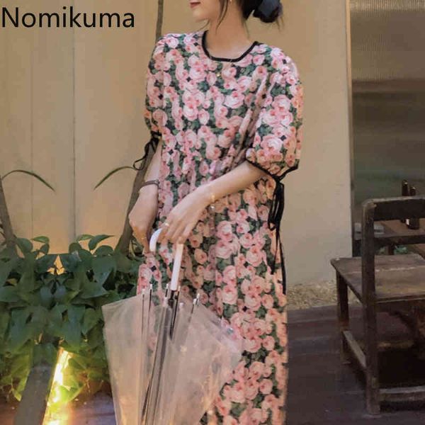 

nomikuma vintage dress women flower printed o neck puff sleeve dresses summer backless lace up korean fashion robe 210514, Black;gray