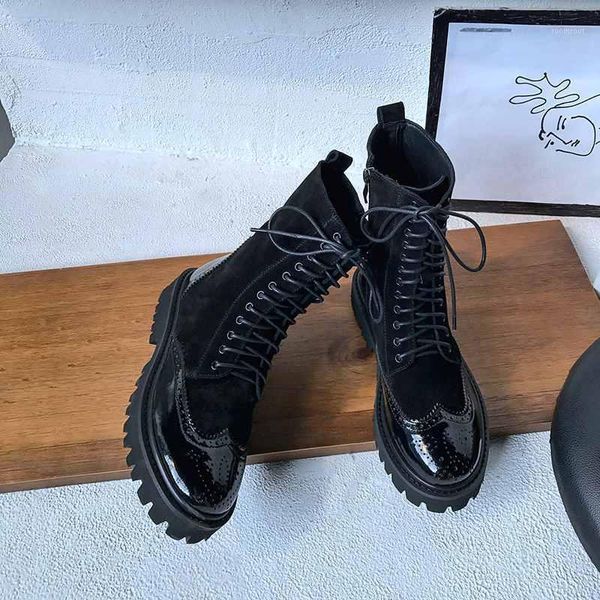 

boots motorcycle women's winter shoes genuine leather lace up gradient color hollow mid-calf1, Black