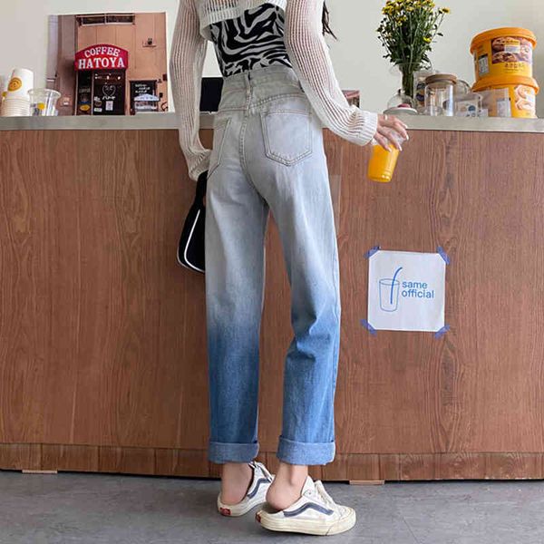 

women's jeans calÃ§a jeans feminina, nova, cintura alta, gradiente, primavera, jeans, outono, comprimento total, perna larga qjri, Blue