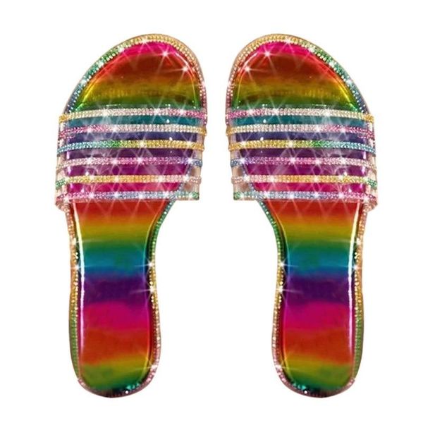 

fashion flat sandals women rainbow color slides slippers ladies flip flops outdoor beach shoes woman home female, Black