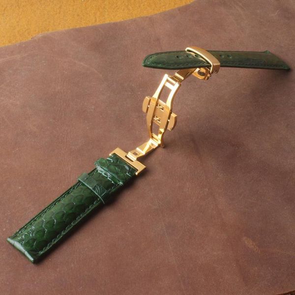 

watch bands green real snake calf leather +cowhide watchbands strap 18mm 20mm 22mm gold butterfly buckle for mens, Black;brown
