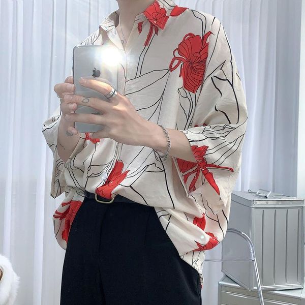 

men's casual shirts summer print shirt men korean fashion loose harajuku streetwear all-match social short-sleeved -2xl, White;black