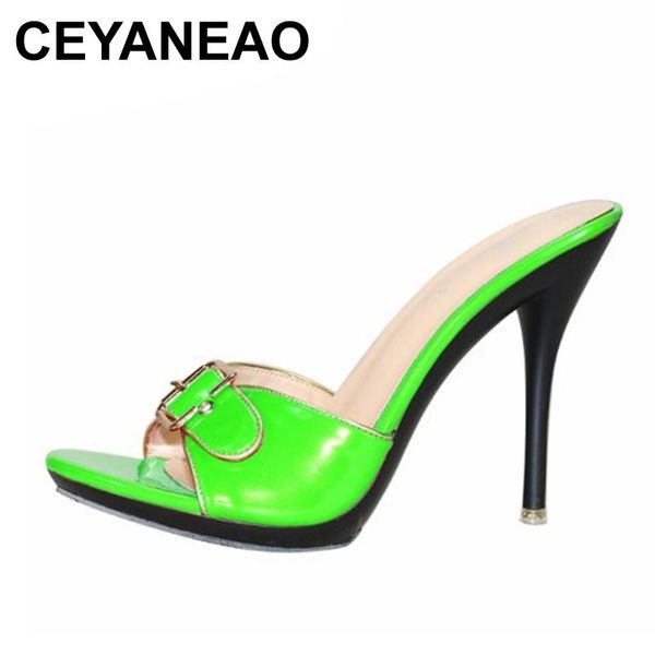 

slippers ceyaneao candy color women shoes patent leather high heel 10.5cm pointed toe sandals female wedding, Black