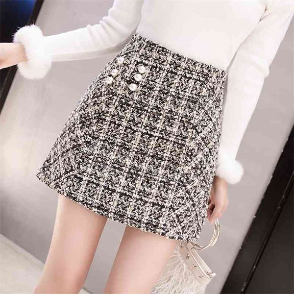 

tweed woolen skirt for women autumn spring korean chic short pearl with vintage elegant high waist 210520, Black