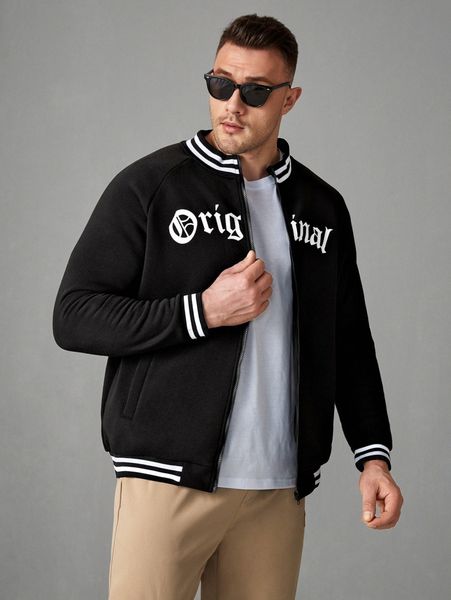 

extended sizes men letter graphic raglan sleeve striped trim bomber jacket e99t#, Black;brown
