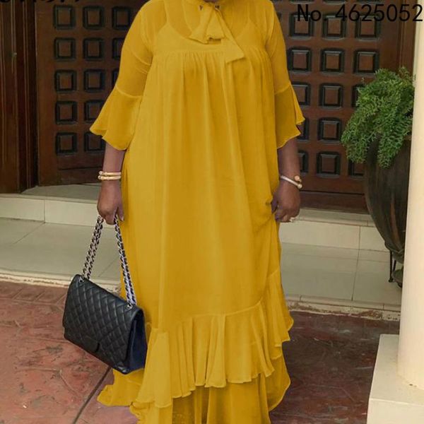 

casual dresses women solid sleeveless dress ladies bow neck flare sleeve pleated ruffled hem long maxi sundress femme bohemian vestidos, Black;gray