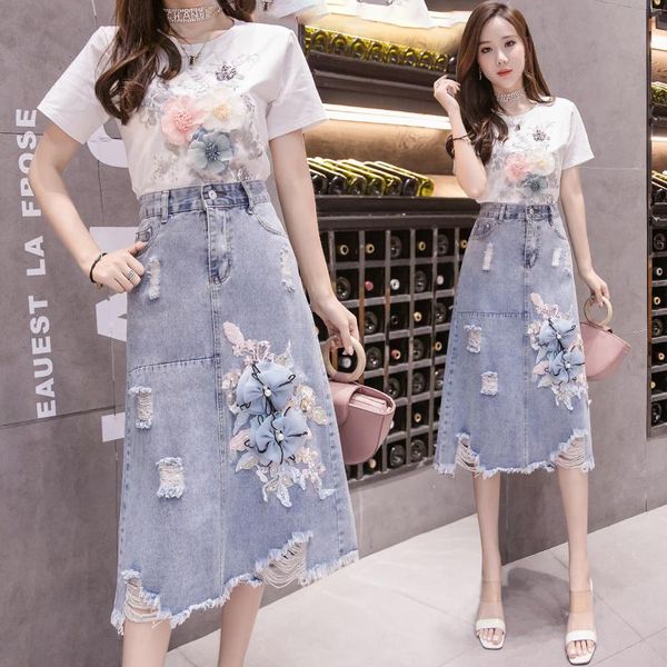 

skirts summer fall women high waisted beading appliques tassel denim skirt female woman a-line embroidery ripped hole jeans, Black