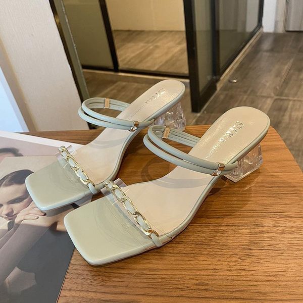 

slippers women summer butterfly-knot slides square heel female shoes string bead transparent fashion low block 2021 luxury, Black