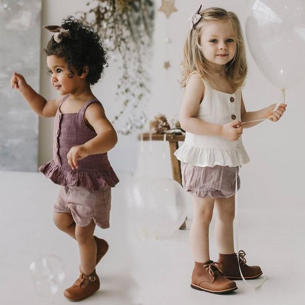 

clothing sets 2021 brand summer girls tank and shorts linen cotton toddler baby girl camisole knickers, White