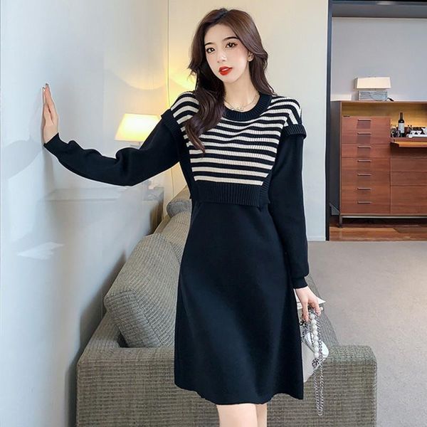 

casual dresses 2021 autumn winter women long sweater dress pullovers warm knitted striped stitching fake two-piece, Black;gray