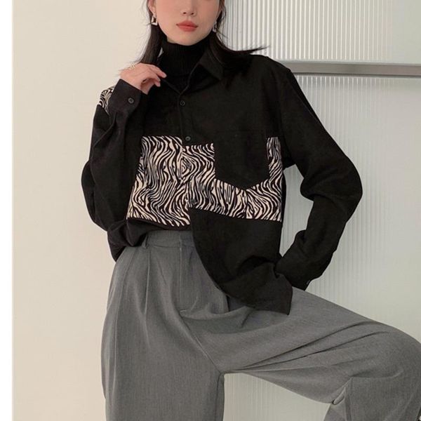

women's blouses & shirts streetwear fashion patchwork zebra print oversized shirt women button up long sleeve blouse clothing d253, White