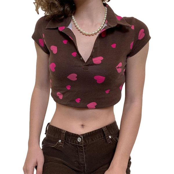 

women's t-shirt 2021 fashion heart print t-shirts lapel button front casual womens girls short sleeve crop, White