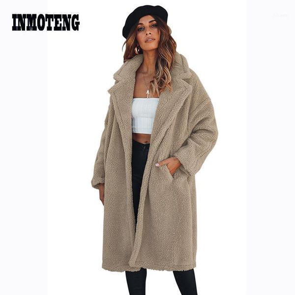 

apricot oversize furry long coat winter women faux fur loose thick plush outerwear turn down collar warm overcoat1, Black