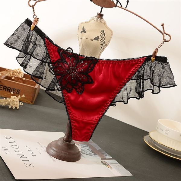 

fd7 diaochan 2021 ne satin omen's floer mesh thin breathable thong diaochan 2021 lacene women's underear satin lace underear w, Red;black