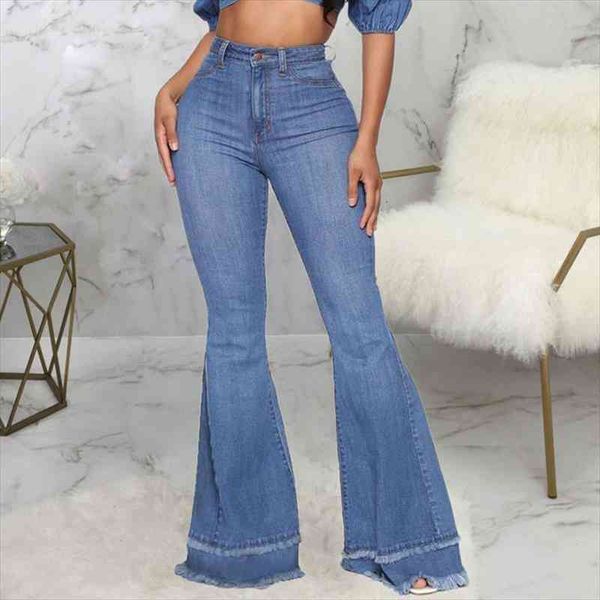 

plus size high waist denim women retro flare pants jeans wide leg trousers lady casual bell-bottoms flare pant female, Blue