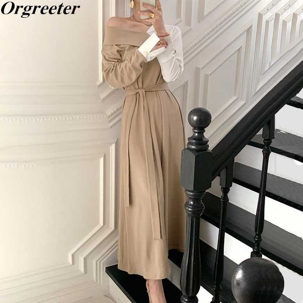 

elegant color patchwork long maxi dress women spring fashion off shoulder full length sashes classic 210525, Black;gray