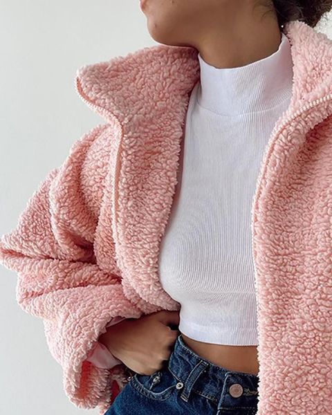 

women's jackets 2021 european american pink double-sided velvet zipper jacket lantern sleeve zip front teddy coat, Black;brown