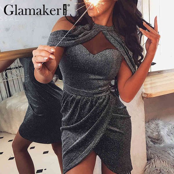 

glamaker lurex mesh patchwork dress women cold shoulder pleated bodycon party dress elegant shiny vintage club mini dress 210414, Black;gray