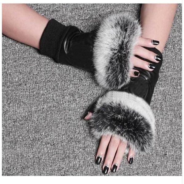 

five fingers gloves fashion brand winter famous celebrities women genuine leather real sheepskin fur fingerless female, Blue;gray