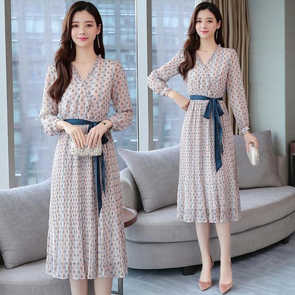 

casual dresses small floral woman dress fresh elegant belt v neck autumn chiffon long clothes, Black;gray