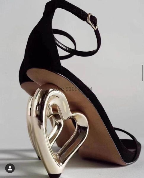 

women open the toe cut out strange high heel gladiator sandals fashion gold heart heels, Black
