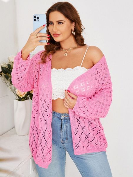 

plus pointelle knit drop shoulder open front cardigan 85qy#, Black