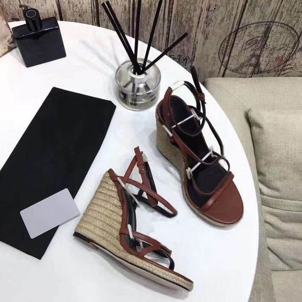 

sandals slope heel hemp rope woven sandals gold patent inlaid women's ankle lace up high-heeled party skirt eu34-41 with box j4vs, Black
