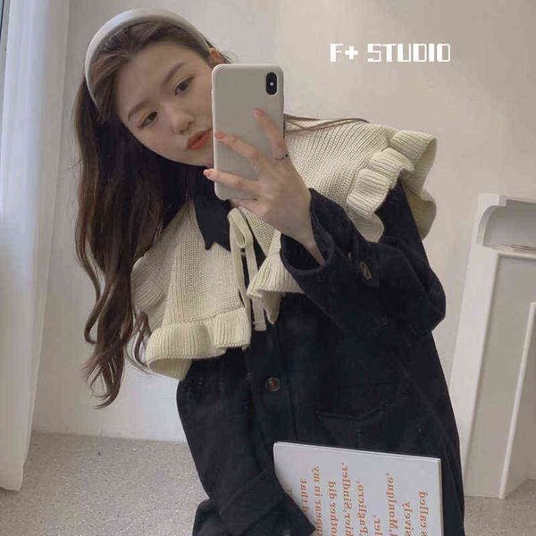 

scarves korean lotus small frh literature and art student trumpet lace wow collar knitted wool shawl with women outside, Blue;gray